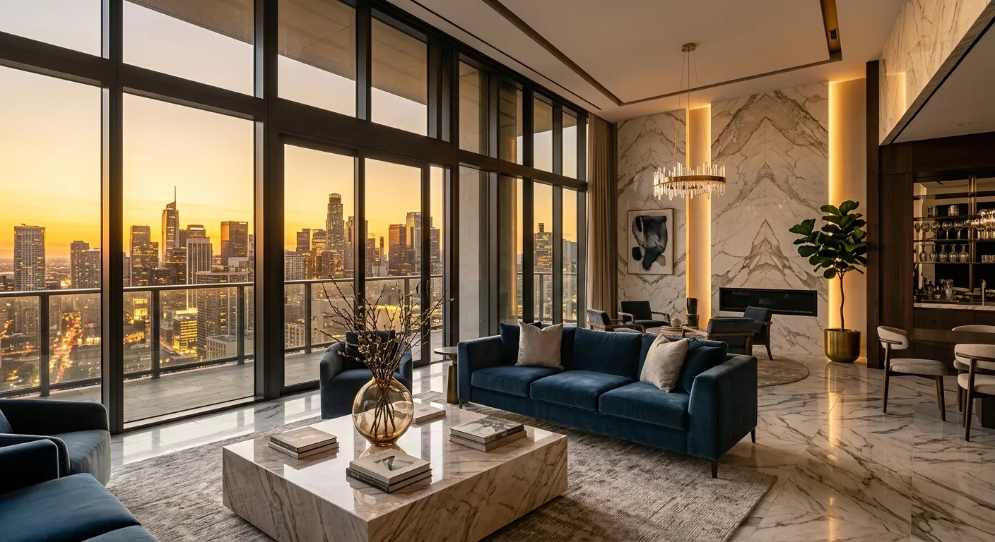 Premium penthouse interior with skyline view
